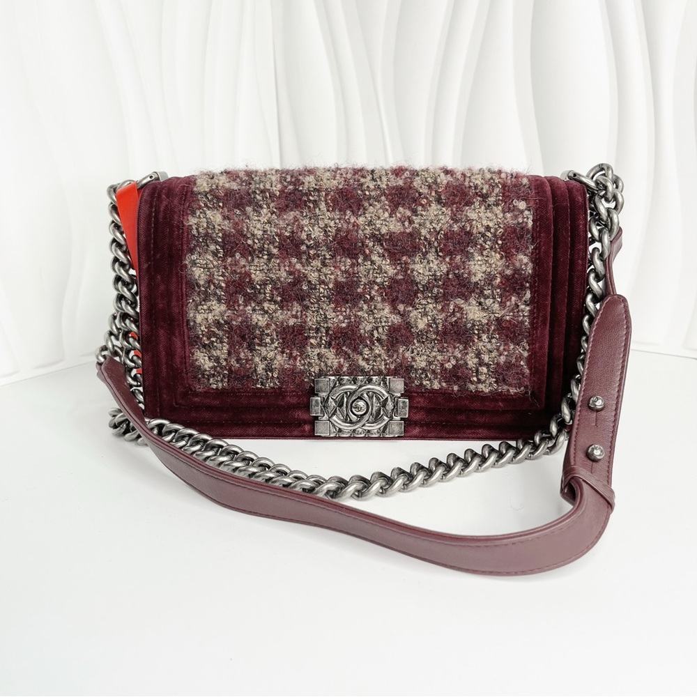 Boy Chanel Double Chain Shoulder Bag Red Tweed Velvet